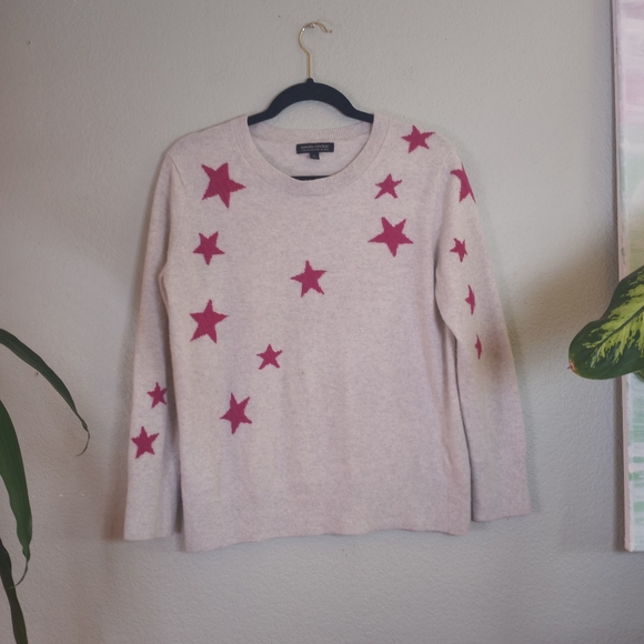 Banana Republic Italian Fine Merino Wool Blend Casual Grey Pink Star Crew Neck L - Picture 2 of 8